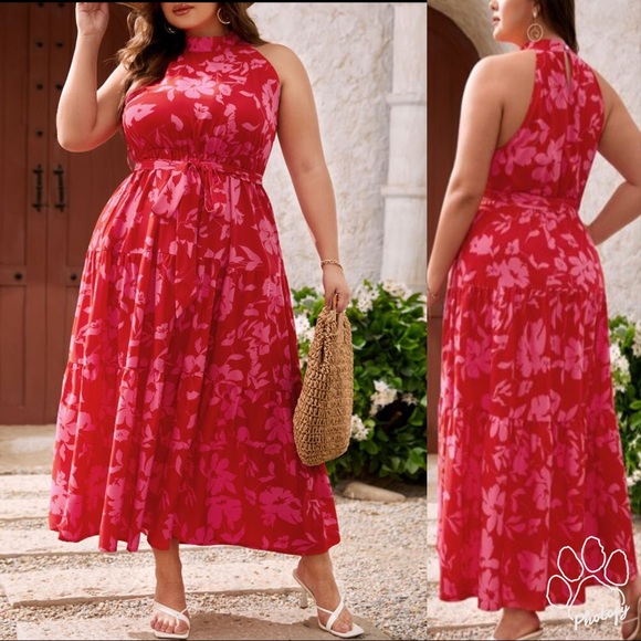 Plus Size Boho Red Pink Floral Print Halter Maxi Dress - Picture 8 of 9